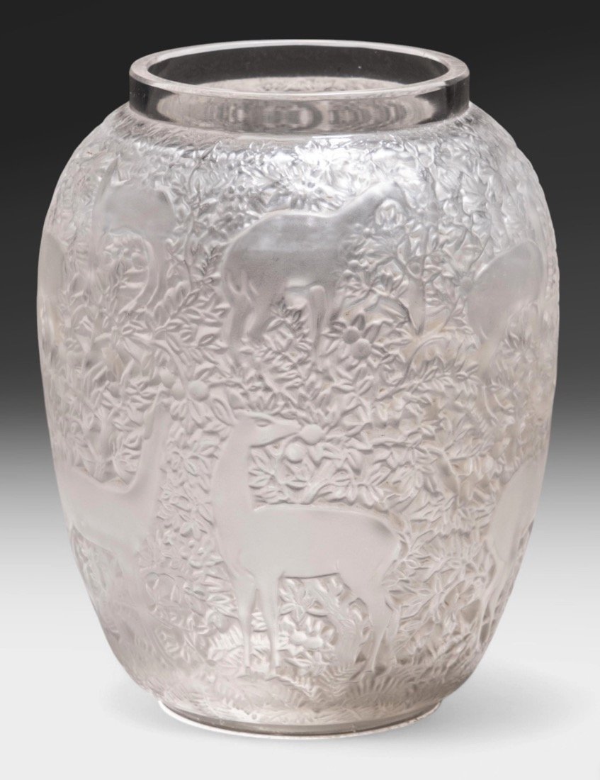 LALIQUE グレー ガラス花瓶 動物模様 LALIQUE グレー ガラス花瓶 動物模様